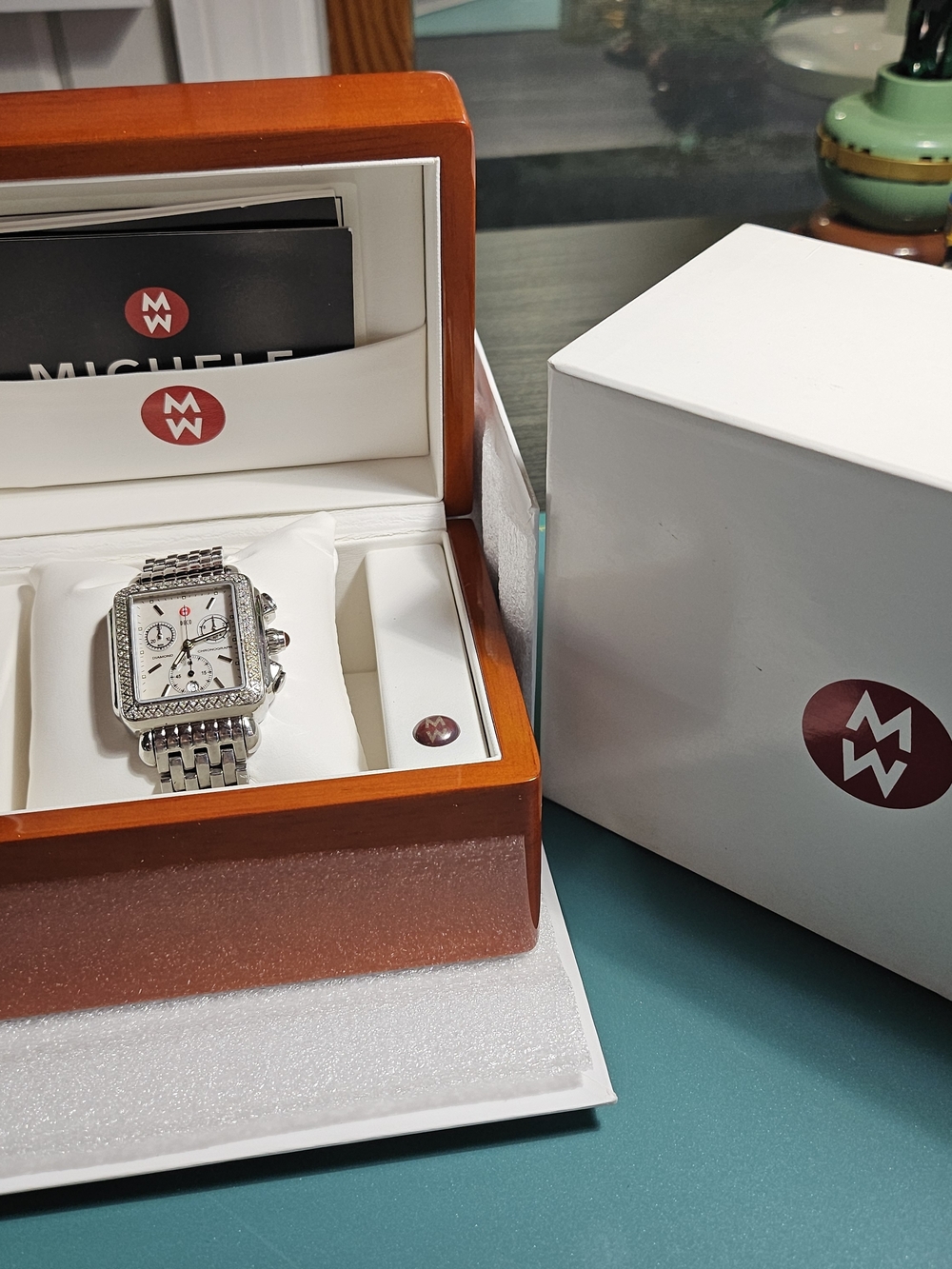 Michele Silver Diamond-Accent Square Chronograph Bracelet Watch